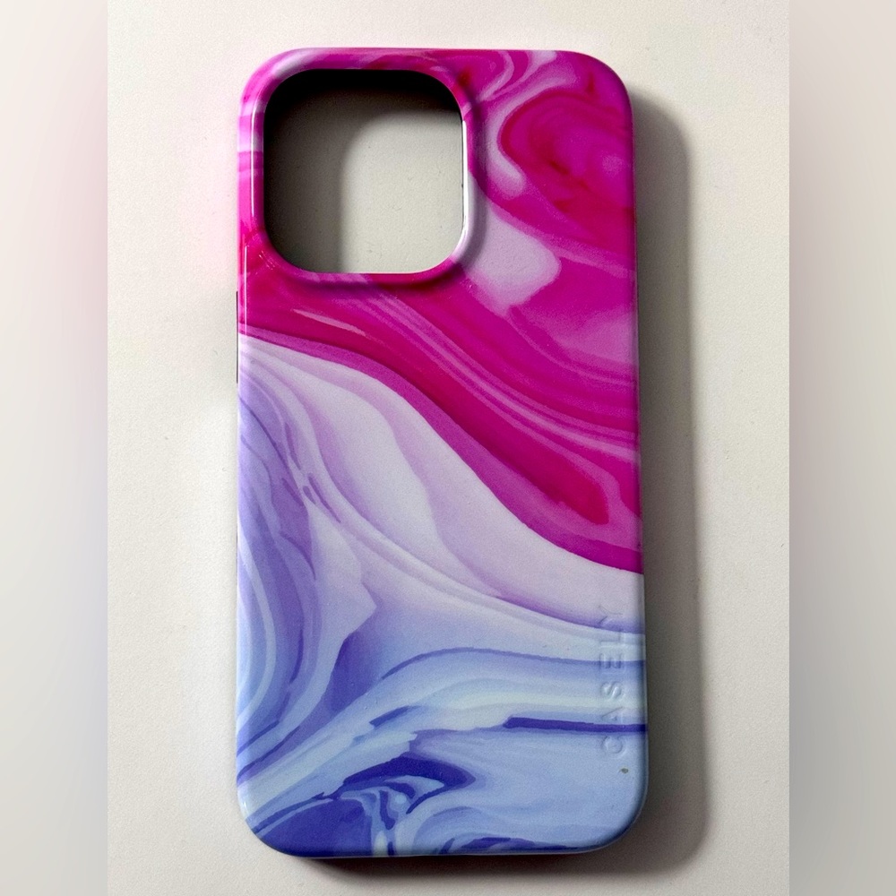 Casely brand iPhone 13 Pro case, Land & Sea style name, pink purple blue swirl